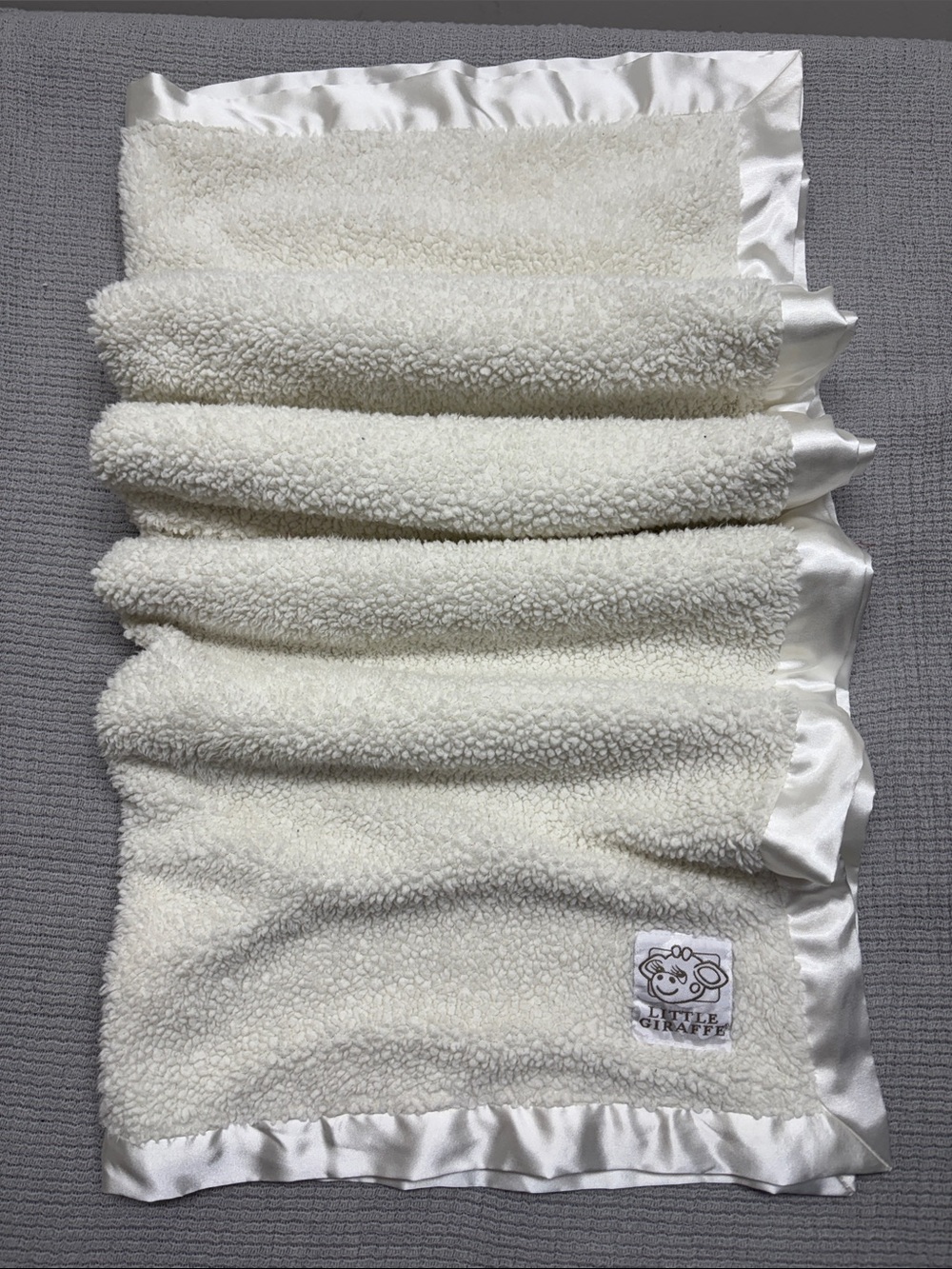 Little Giraffe White Sherpa Plush Satin Edge Trim Baby Blanket Lovey 31"x36"